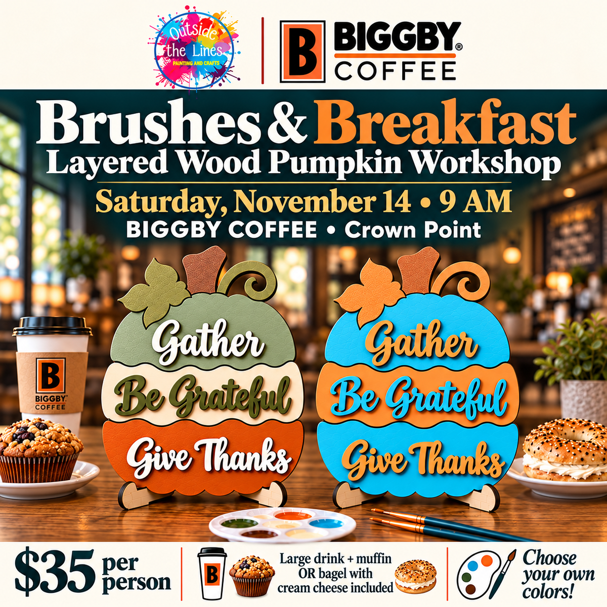 Brushes & Breakfast: Layered Wood Pumpkin Workshop at BIGGBY Coffee