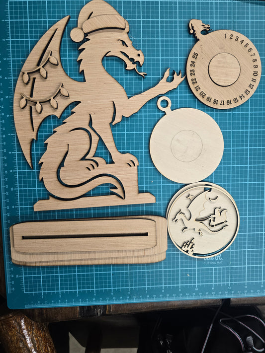 🐉✨ Unfinished Dragon Ornament Holder + Christmas Countdown Ornament (Wood Only Kit)