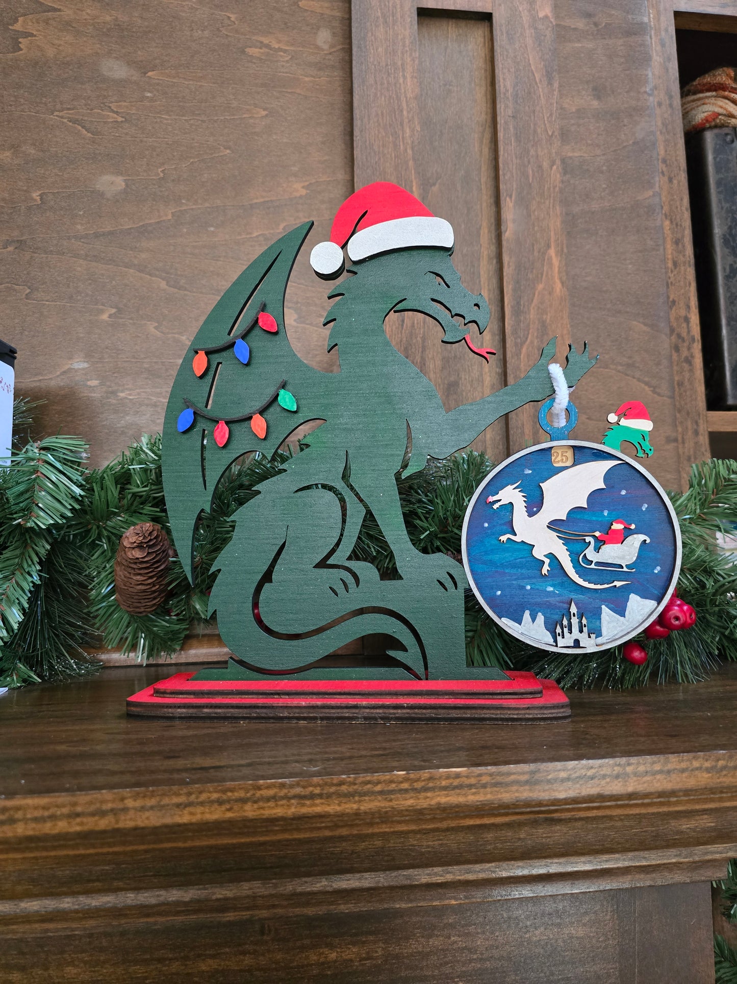 🐉✨ Unfinished Dragon Ornament Holder + Christmas Countdown Ornament (Wood Only Kit)